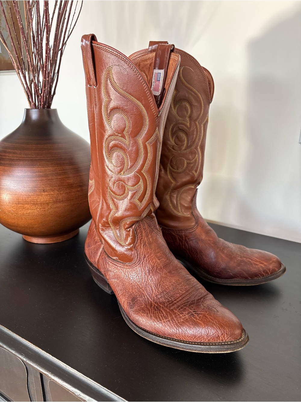 Vintage Men’s NUCONA Cowboy Boots, Leather, Whiskey Brown, Western, Rodeo, 10